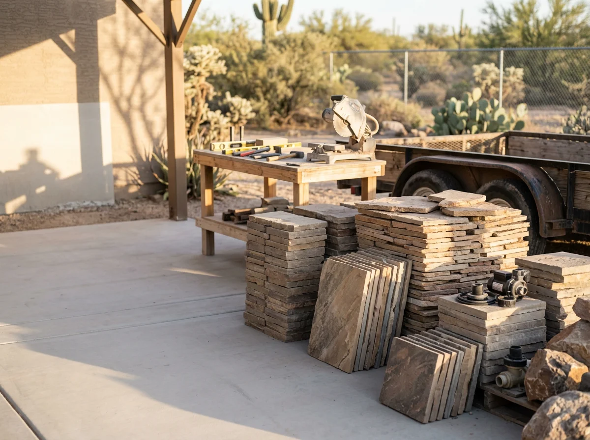 Outdoor hardscape installation featuring natural stone work, pavers, and water feature construction materials staged for a residential project.