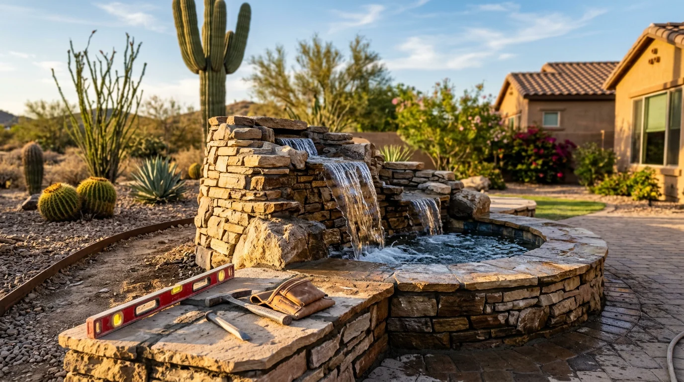 Custom outdoor fireplace and kitchen area with stone construction and landscape lighting