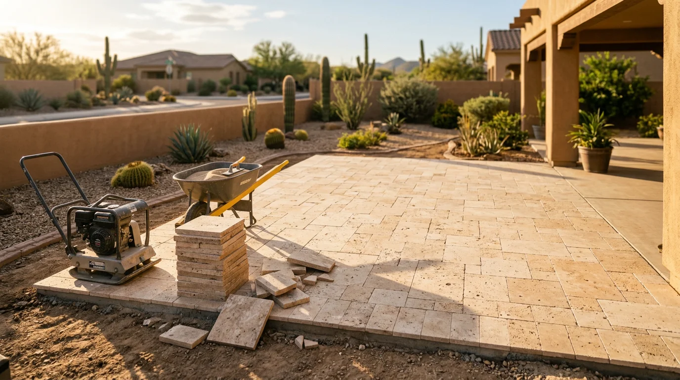 Residential backyard with paver patio, artificial turf, and stone hardscape features