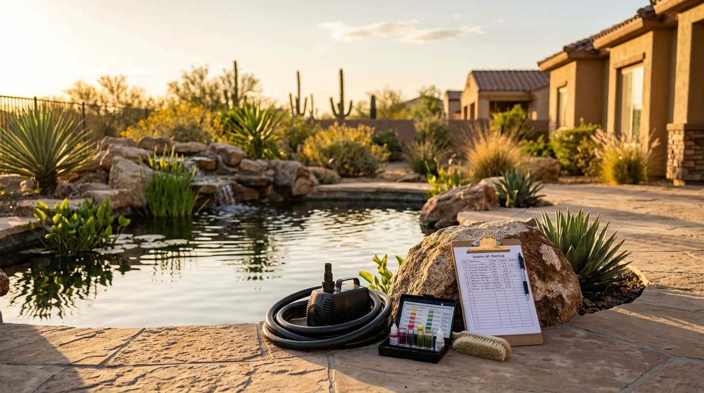 Technician performing maintenance on a residential water feature in Surprise, Arizona