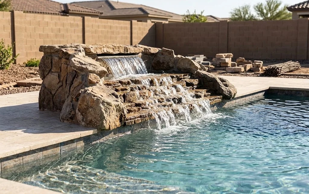 Custom swimming pool with stone decking and water features in a residential backyard