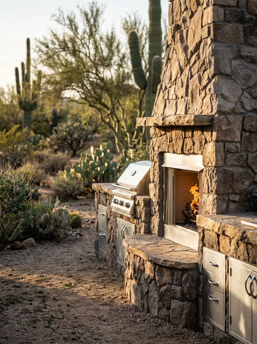 Custom outdoor kitchen and fireplace with a faux rock surround on a Cave Creek, AZ multi-acre lot, with Sonoran Desert landscape in the background.