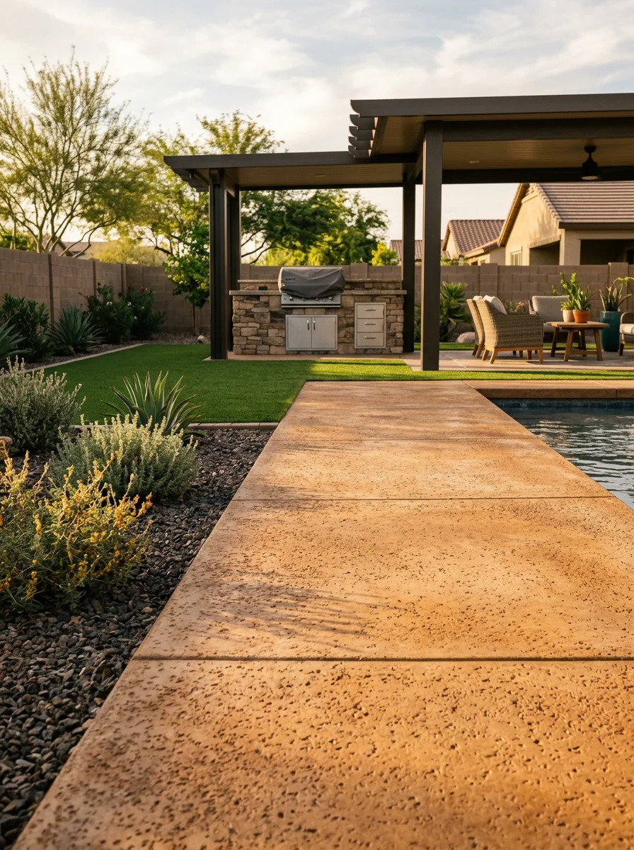 Repaired and stained pool deck with artificial turf lawn on a Chandler, AZ property, with a covered patio and outdoor BBQ area.