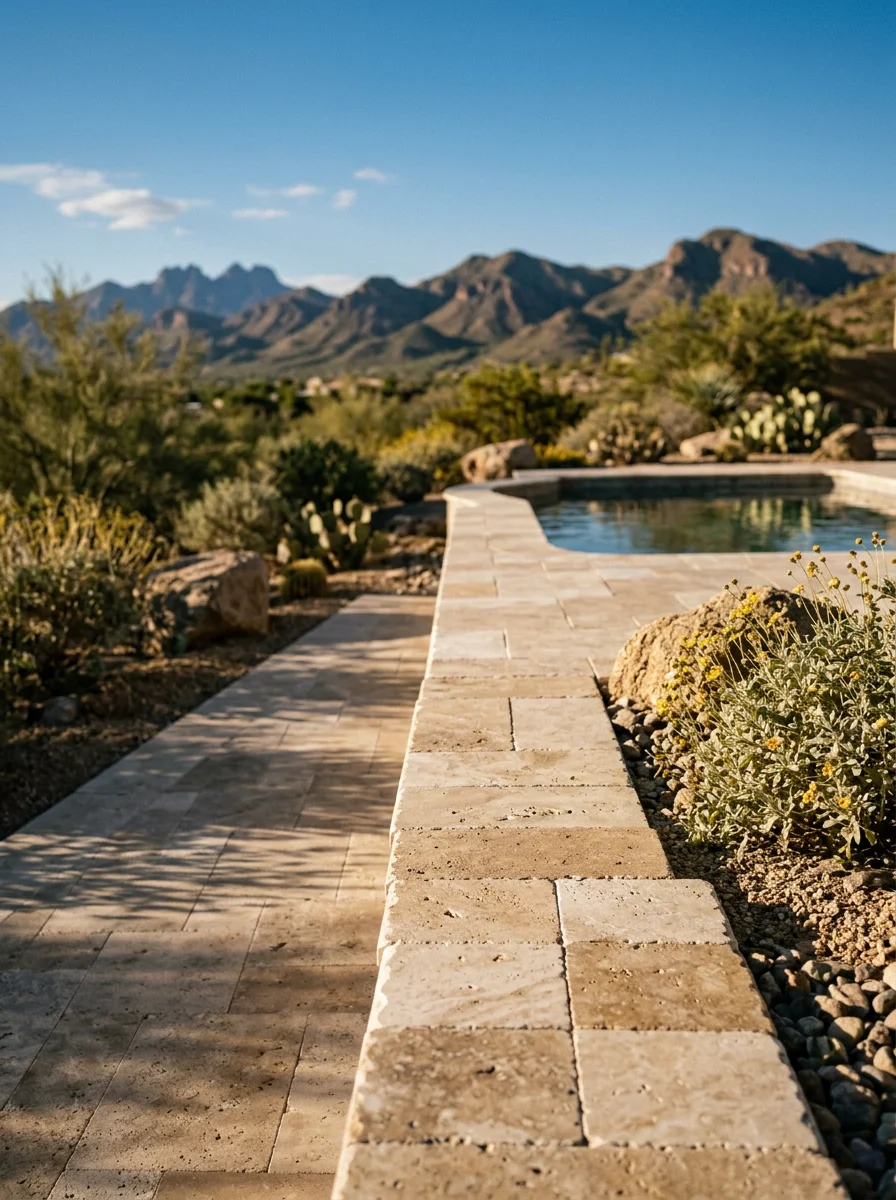 Travertine pool deck and paver patio on a Fountain Hills hillside property, with desert wash landscaping and mountain views.