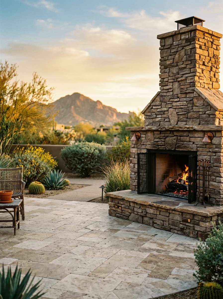 Custom outdoor fireplace and travertine patio on a Paradise Valley property, with desert landscaping and mountain views.
