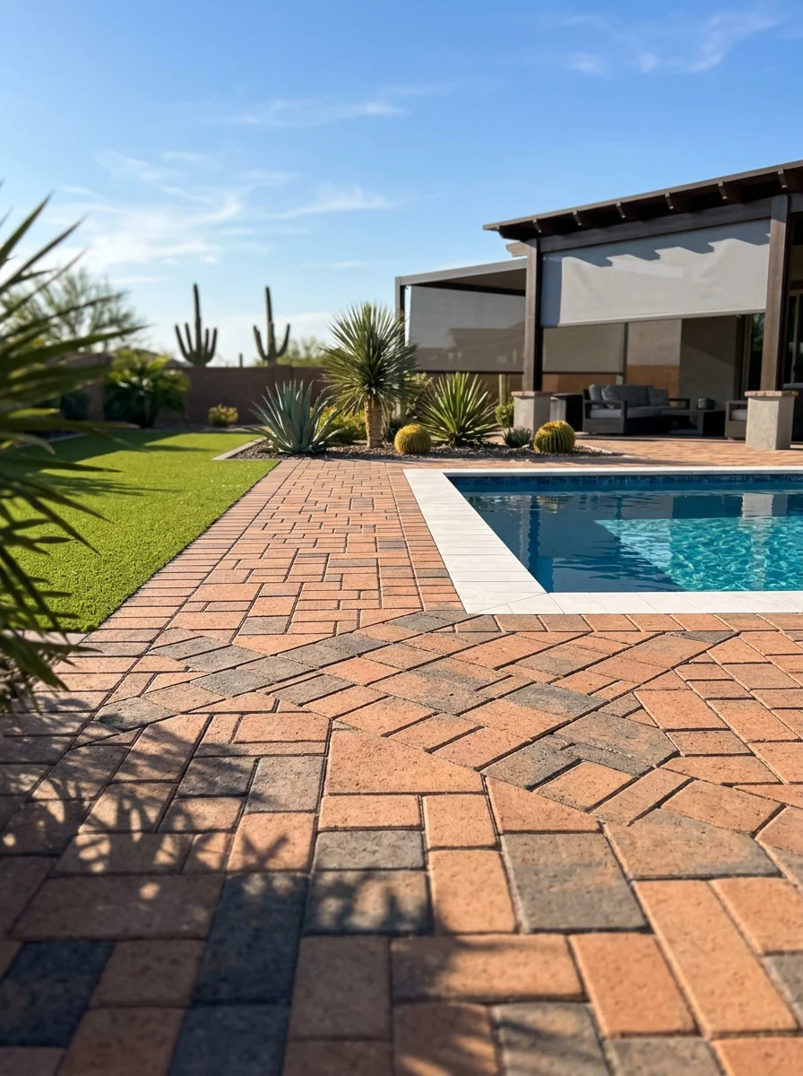 Repaired and stained pool deck with paver surround on a south Peoria, AZ property, with a covered patio and artificial turf lawn.