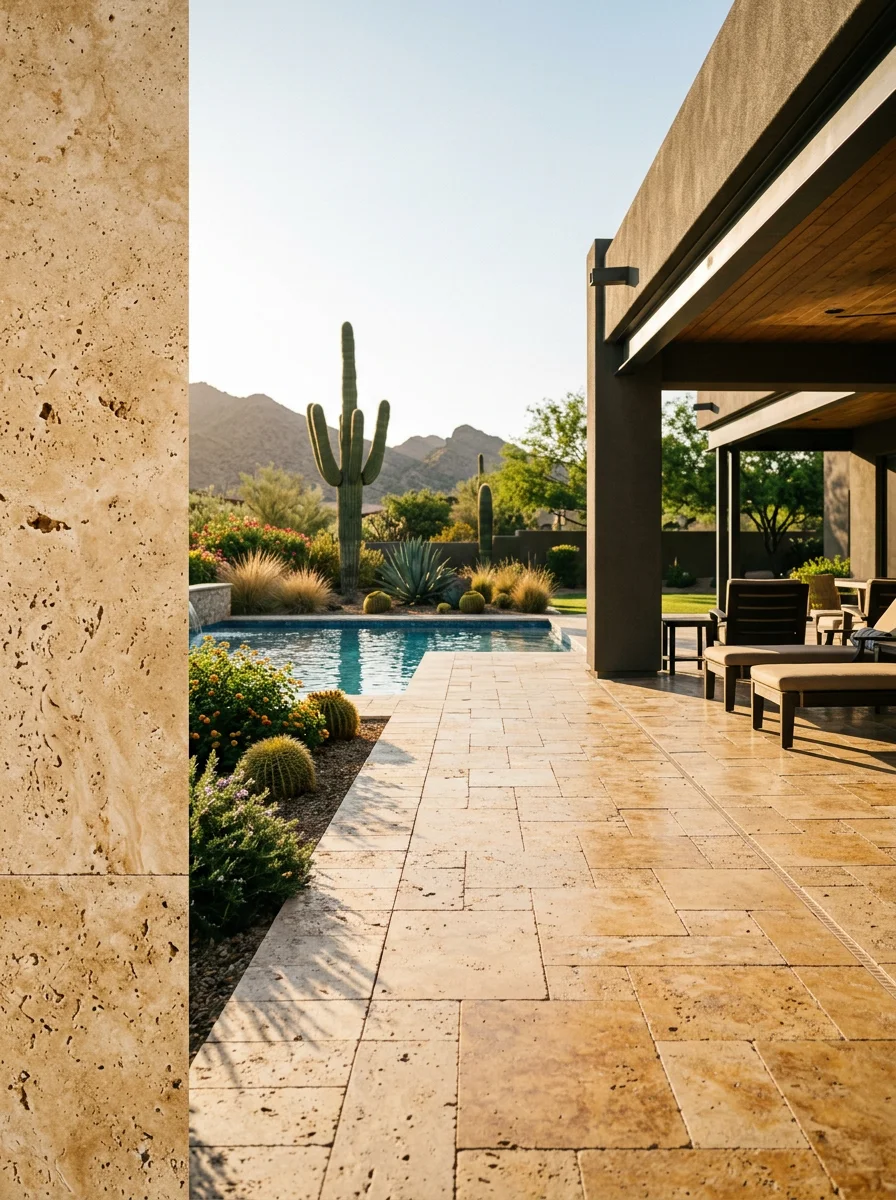 Travertine pool deck and outdoor kitchen on a Scottsdale property, with desert landscaping and a covered patio structure.