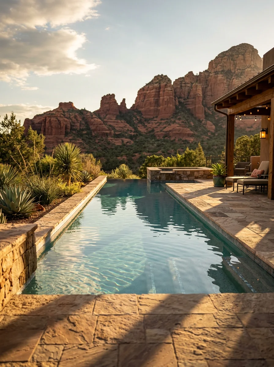 Outdoor fireplace with a natural stone surround on a West Sedona property, with red rock views and a covered patio at dusk.