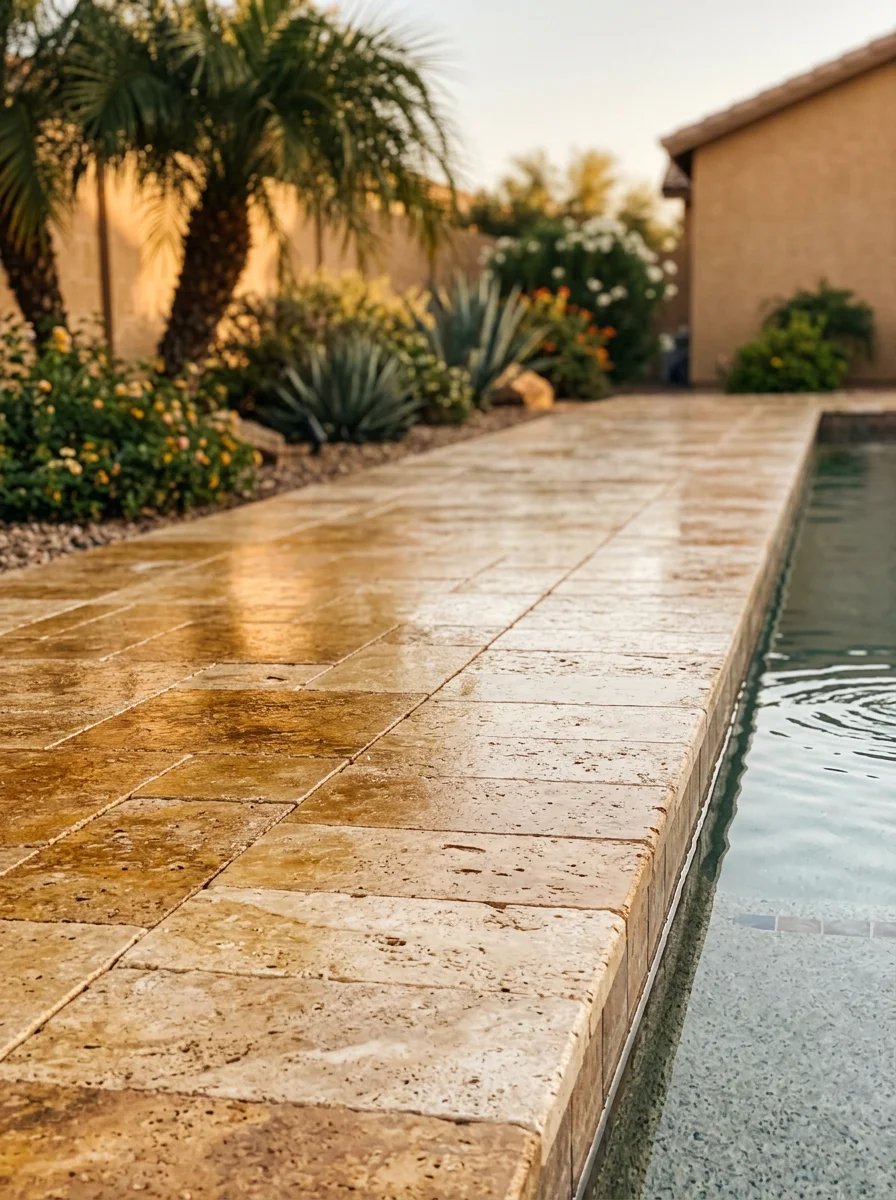 Close-up of a freshly stained and repaired pool deck with travertine coping in a Surprise, AZ master-planned community backyard.