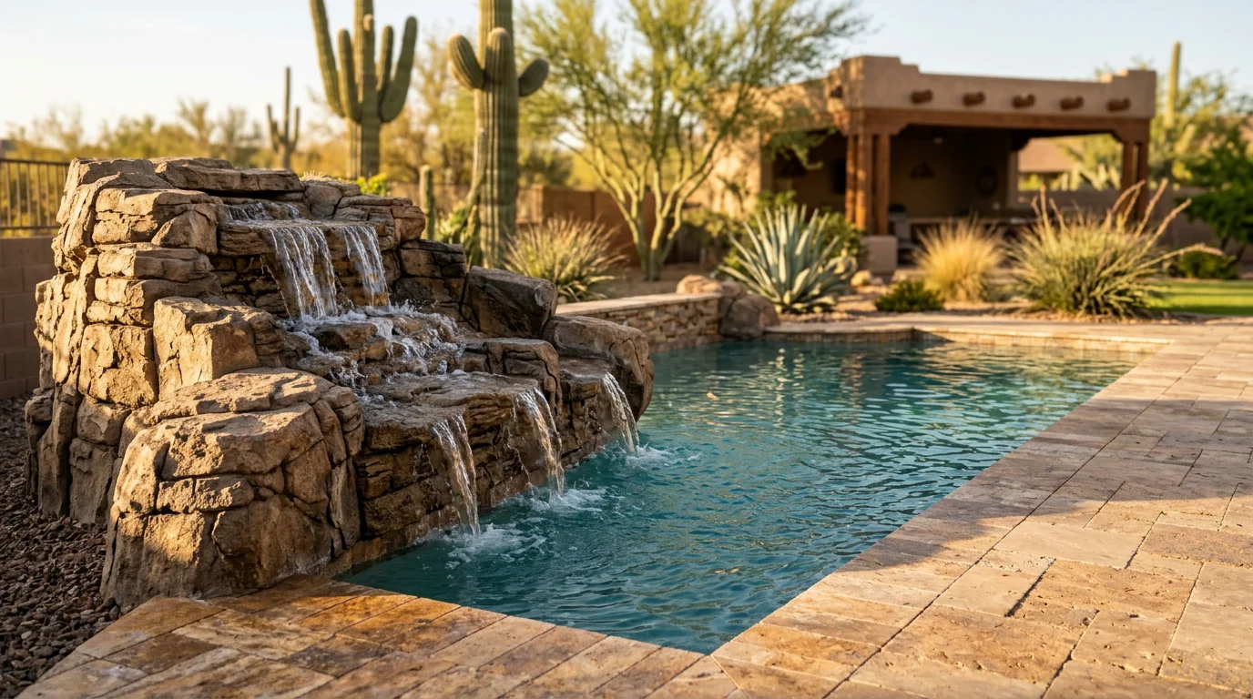A custom faux rock waterfall and travertine pool surround in a Surprise, AZ backyard, with desert landscaping and a covered patio in the background.