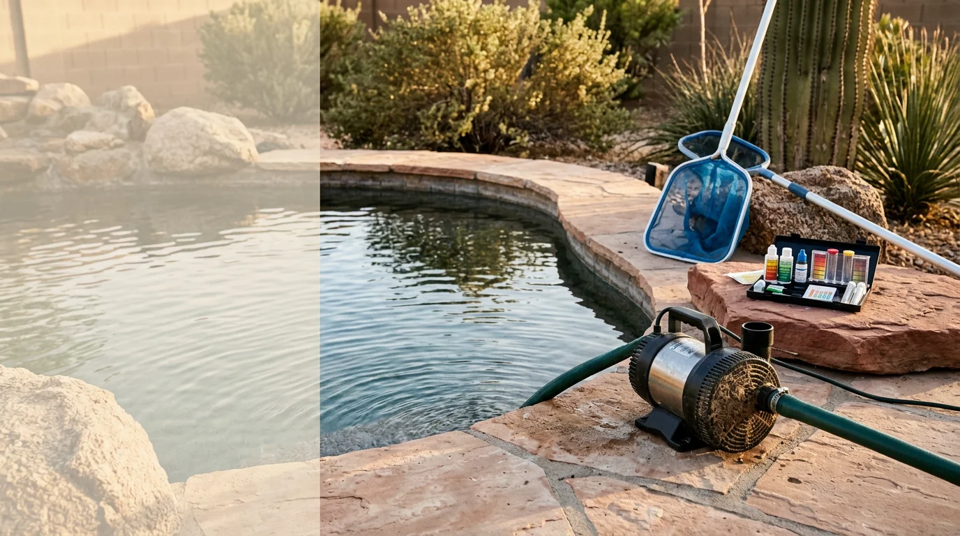 A clear, well-maintained backyard pond with natural rock edging in a Surprise, AZ residential yard, showing clean water and healthy circulation after a professional annual maintenance visit. Desert landscaping surrounds the feature under bright Arizona sunlight.