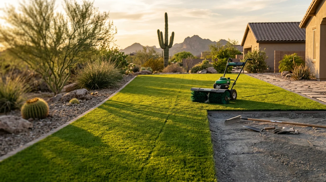 Freshly installed artificial turf in a Surprise, AZ backyard, showing a smooth, green surface bordered by desert landscaping under a clear Arizona sky. The yard includes a defined turf area with clean edges alongside gravel and native plants.