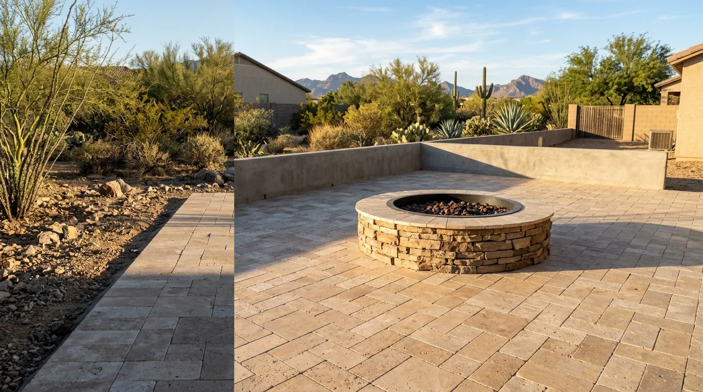 A finished backyard hardscape installation in Surprise, AZ featuring a stone patio, retaining wall, and defined walkway surrounded by desert landscaping. The outdoor living space is designed to handle Maricopa County heat and monsoon drainage.