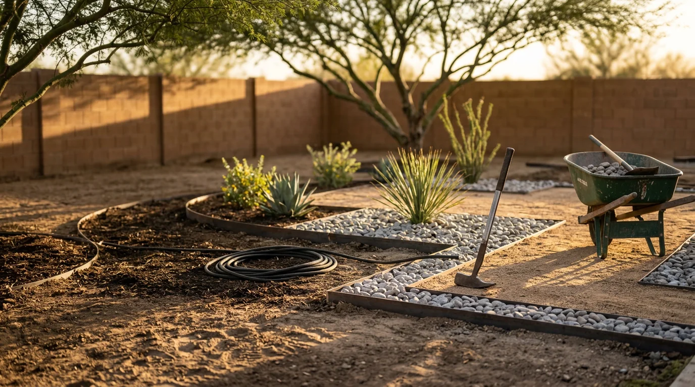 A finished backyard landscaping project in Surprise, AZ featuring decorative rock, desert-adapted plants, and a defined hardscape patio area. The design reflects a clean, low-maintenance layout suited to the Sonoran Desert climate.