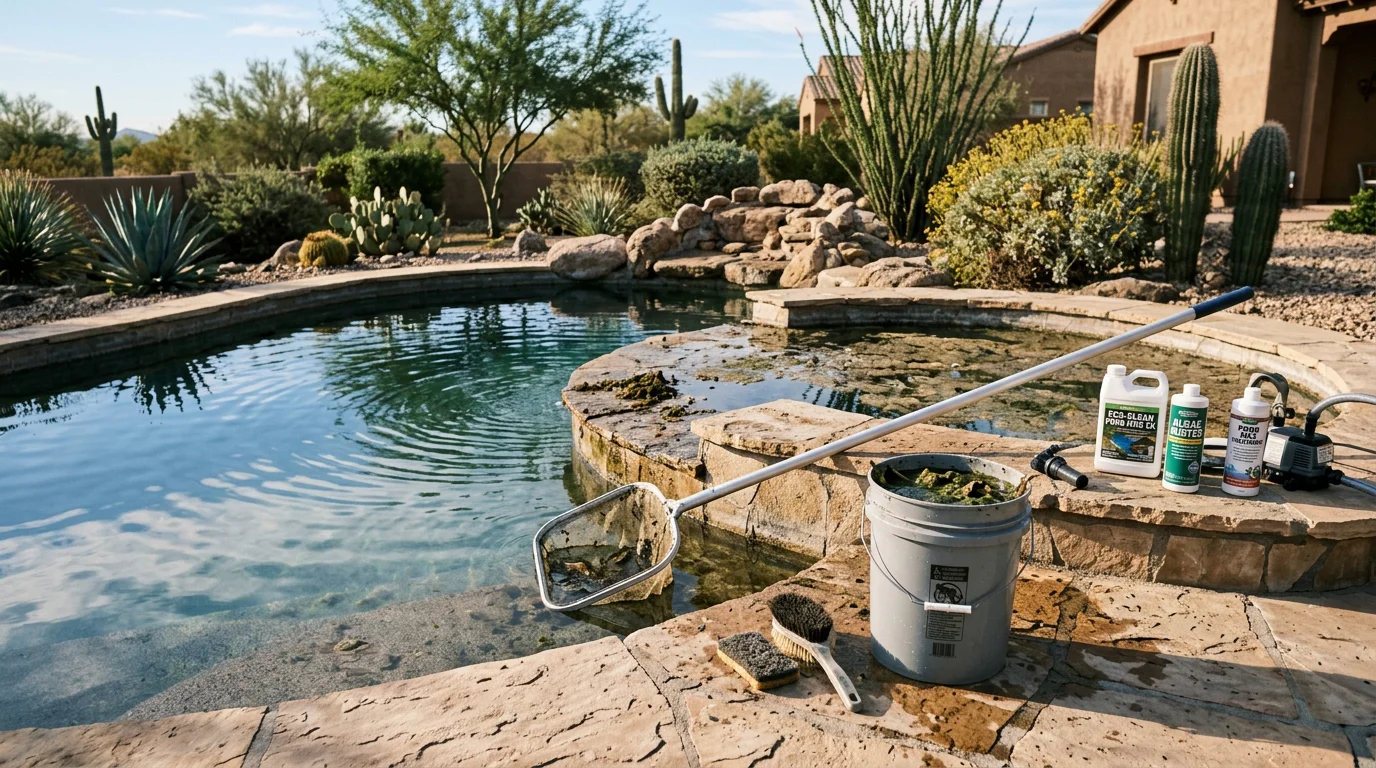 A freshly cleaned backyard pond in Surprise, AZ with clear water and algae-free natural rock surfaces surrounding the water feature. Desert landscaping and clean stonework are visible in the background after a professional pond cleaning and touch-up service.
