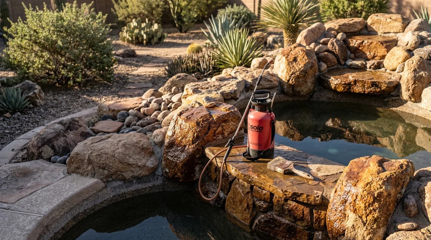 Close-up of freshly colored and sealed decorative rock work on a backyard pond in Surprise, AZ, showing deep natural tones against a desert landscape. The sealed surface reflects the Arizona sun with a clean, consistent finish.
