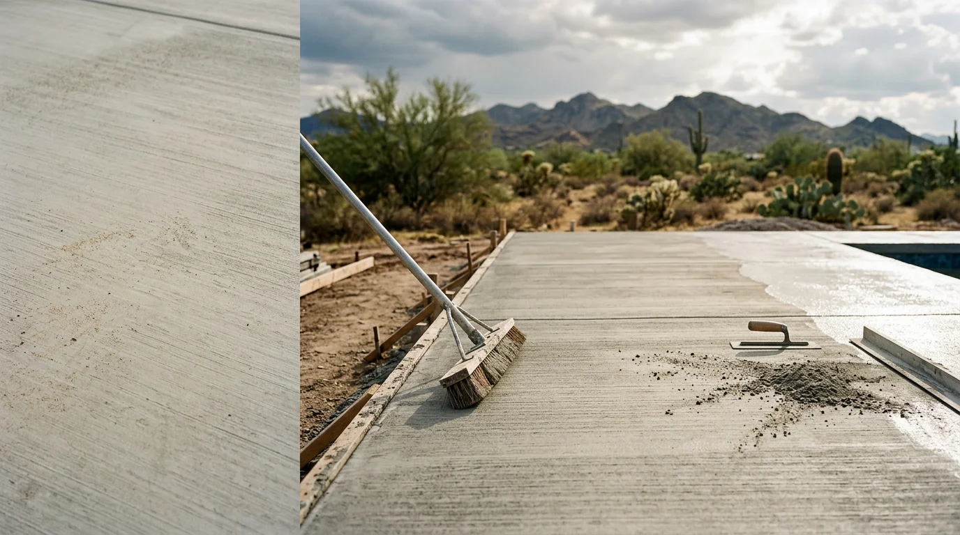 Finished concrete patio surface with a stamped earth-tone pattern in a Surprise, AZ backyard, surrounded by desert rock landscaping. The textured slab extends from the home's rear entrance toward an open outdoor living area under a clear Arizona sky.