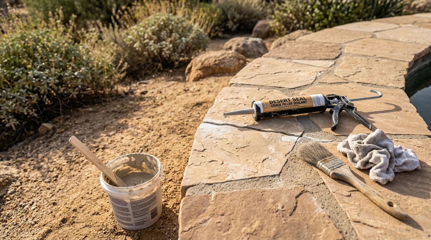Close-up view of a filled and repaired crack along the stone edge of a backyard pond feature in Surprise, Arizona. The surrounding desert rock landscape and dry, sun-bleached setting reflect the local outdoor environment.