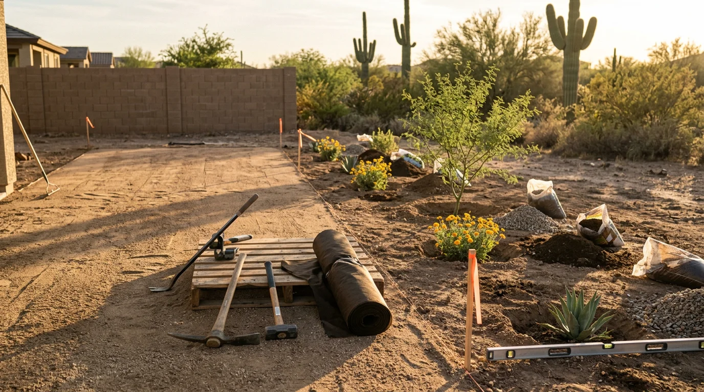 Custom desert landscape design installed at a Surprise, AZ home, featuring drought-tolerant plantings, decorative rock, and a structured outdoor living area. The yard reflects a layout planned for the Sonoran Desert climate and the property's natural drainage patterns.
