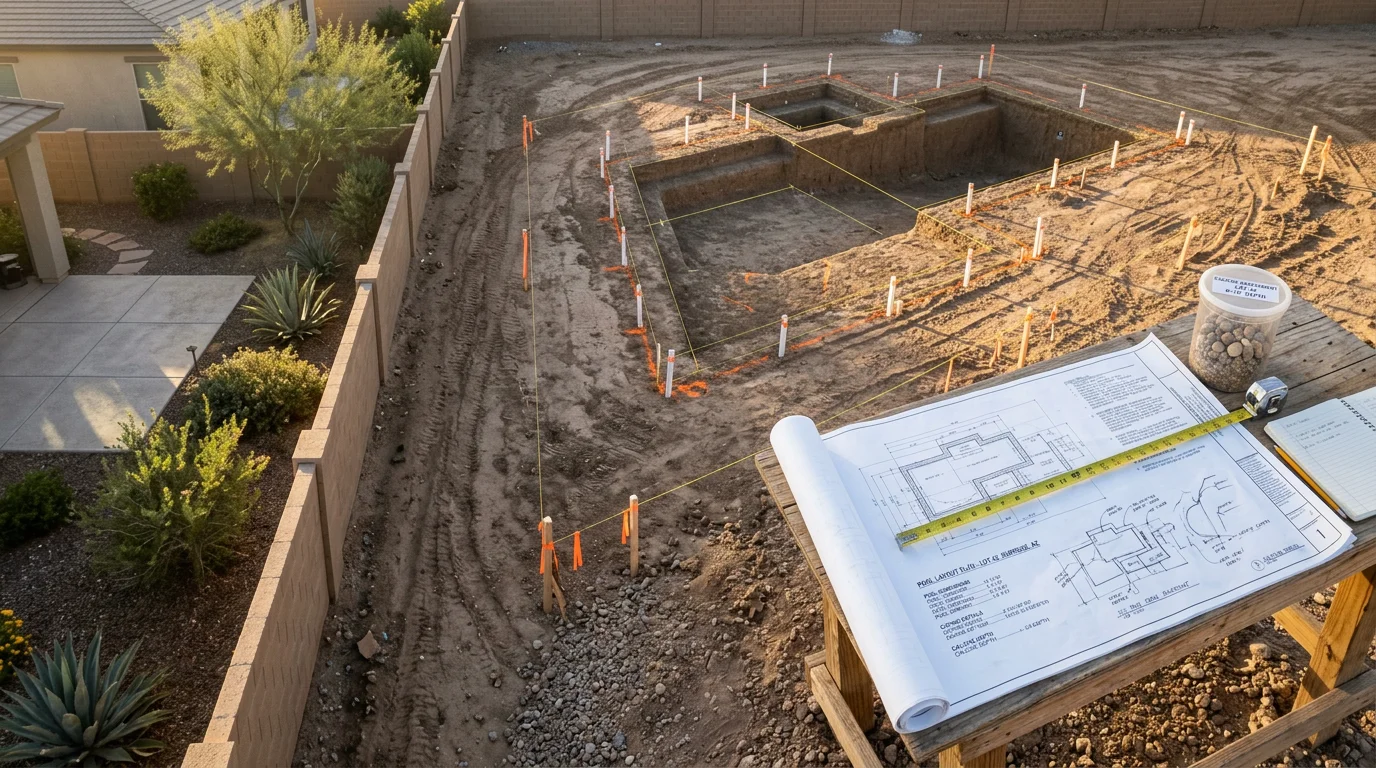 A custom-designed inground pool in a Surprise, AZ backyard, surrounded by desert-appropriate hardscape and shaped to fit the lot's natural dimensions. The pool features defined depth zones and clean coping lines suited to the Arizona outdoor living environment.