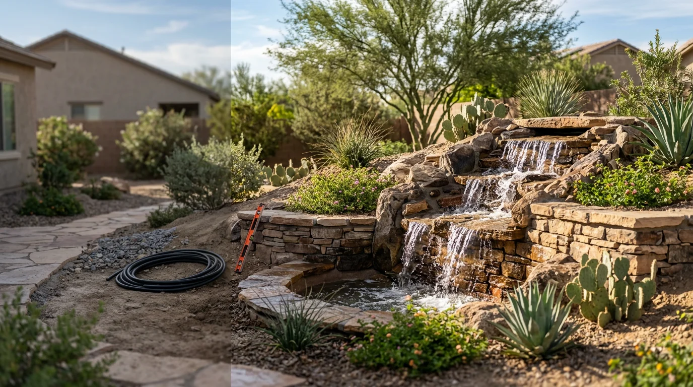 A custom rock waterfall cascading over layered desert stone in a Surprise, AZ backyard, surrounded by native desert landscaping. The water flows into a recirculating basin set into the ground, with warm afternoon light reflecting off the moving water.