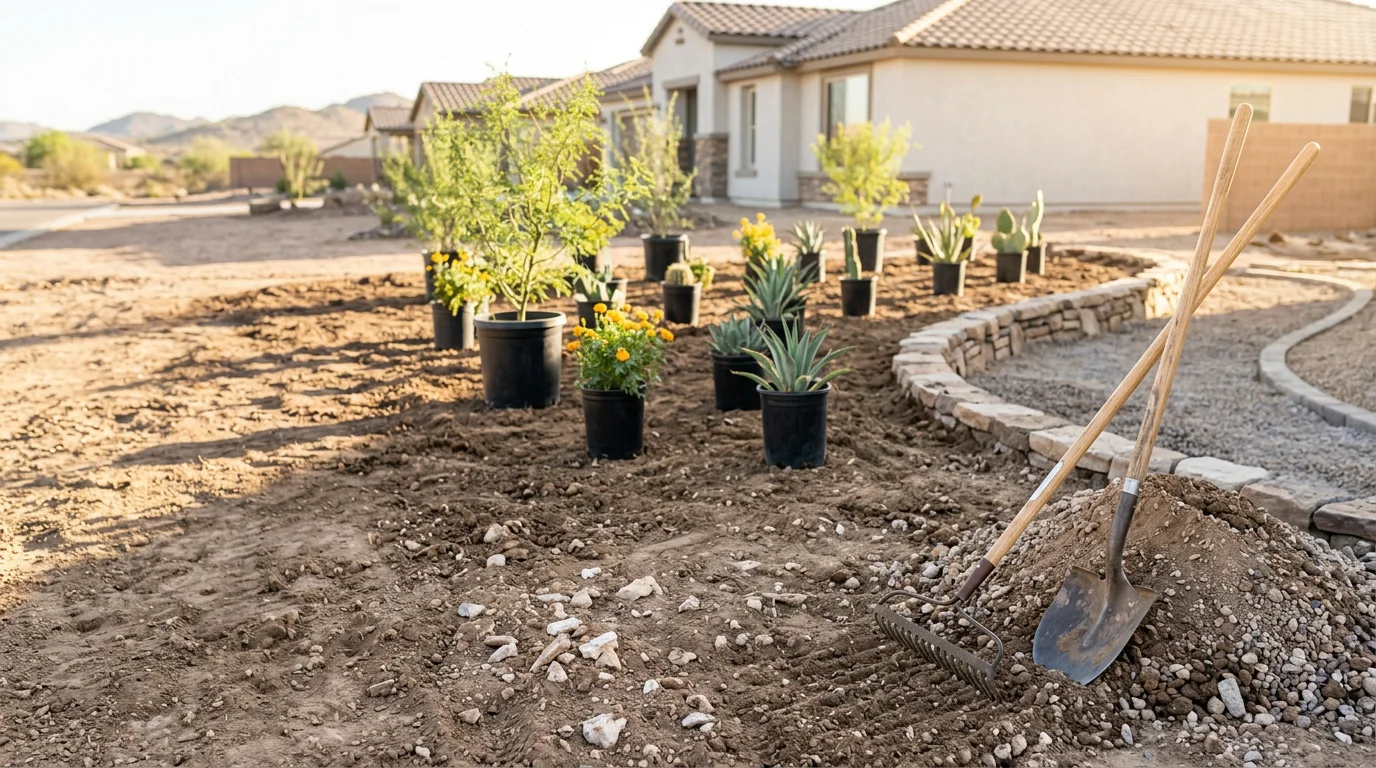 A finished desert landscaping design at a Surprise, AZ home featuring desert-rock ground cover, drought-tolerant plants, and clean grading across a flat residential lot. The yard reflects the natural tones and plant palette of the Sonoran Desert.