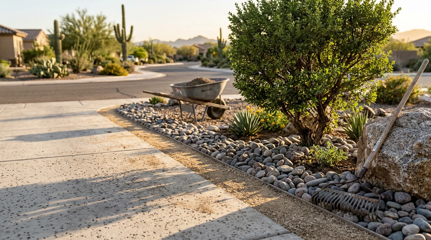 Driveway landscaping in Surprise, AZ featuring desert rock groundcover, placed boulders, and drought-tolerant plants along a residential driveway border. The design frames the home's entry with clean edges and earth-tone materials suited to the Sonoran Desert.