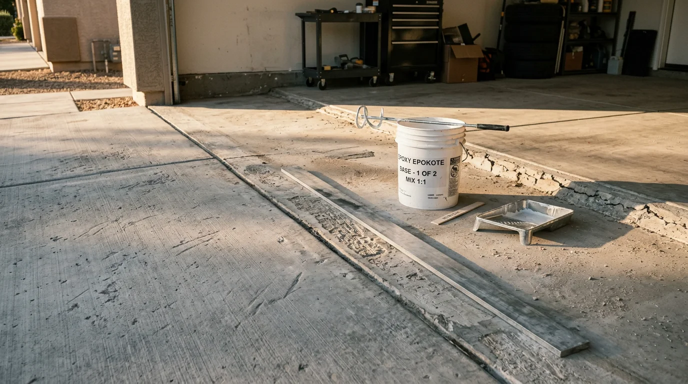 A repaired epoxy-coated garage floor in a Surprise, AZ home, showing a smooth, crack-free surface with even color after professional concrete repair work. The finished floor is clean and ready for vehicle traffic in a typical desert-climate residential garage.
