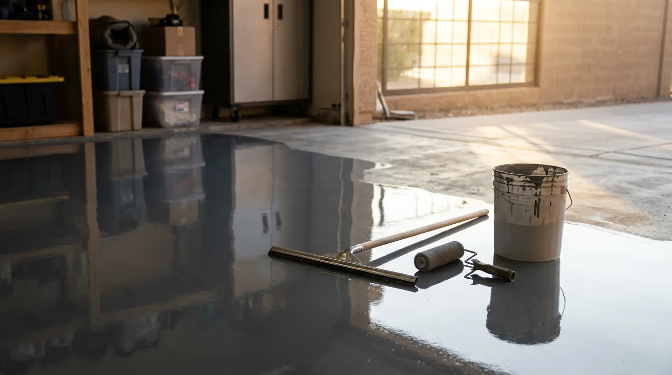 Freshly installed epoxy garage floor in a Surprise, AZ home showing a smooth, high-gloss surface free of cracks and stains. The sealed concrete reflects overhead lighting and shows no signs of peeling or discoloration from desert heat exposure.