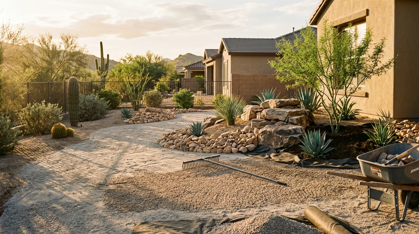 A decorated desert garden at a Surprise, AZ home featuring layered decorative boulders, sculptural accent plants, and warm pathway lighting. The front yard shows a clean, finished design suited to the Sonoran Desert climate.