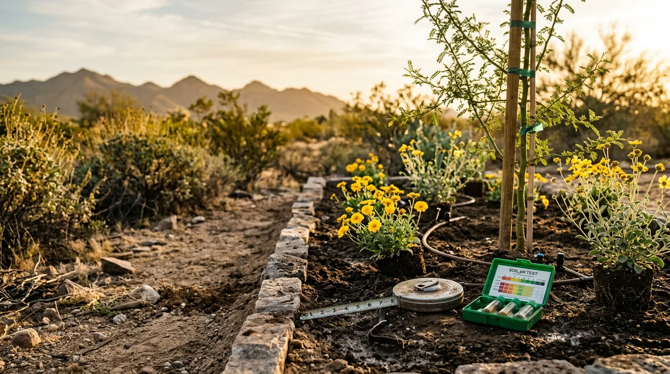 A custom desert garden design at a Surprise, AZ home featuring drought-tolerant plants, decorative rock, and structured planting beds. The design reflects the Sonoran Desert setting with layered plantings suited to the local climate.