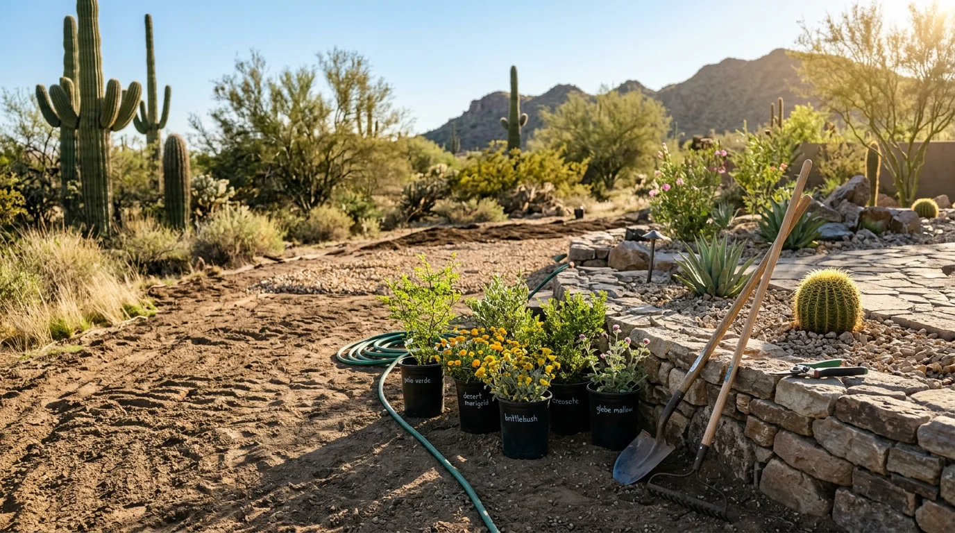 A finished desert garden landscape at a Surprise, AZ home, featuring drought-tolerant plants, decorative rock ground cover, and defined garden beds along the front yard. The design shows structured planting with color and texture suited to the Sonoran Desert climate.