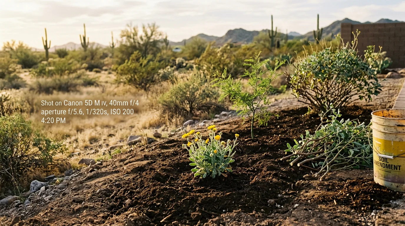 A well-maintained desert garden bed at a Surprise, AZ home, featuring pruned shrubs and drought-adapted plants against a clear blue sky. The yard reflects careful plant selection suited to the Sonoran Desert climate.
