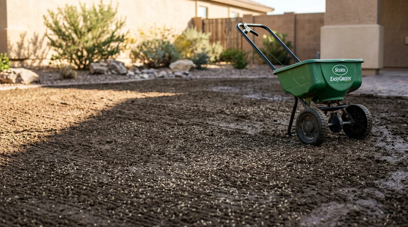 A freshly seeded residential lawn in Surprise, Arizona showing green ryegrass growth over an existing Bermuda turf base. The yard is bordered by desert landscaping typical of West Valley homes.