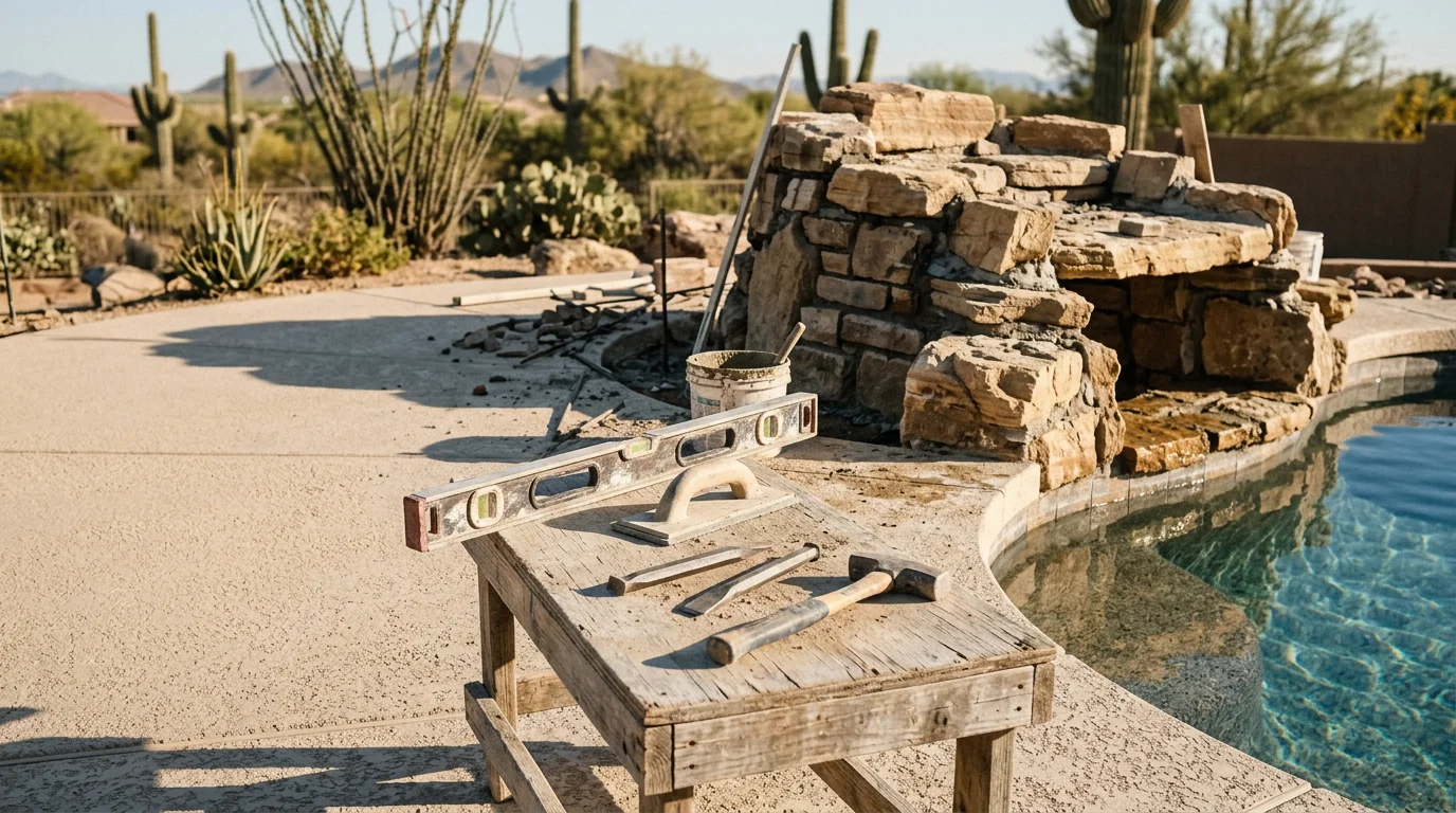 A custom rock grotto built over a backyard pool in Surprise, AZ, with water cascading over the cave entrance and shaded interior seating visible. The sculpted stone structure blends with the surrounding desert landscape design.