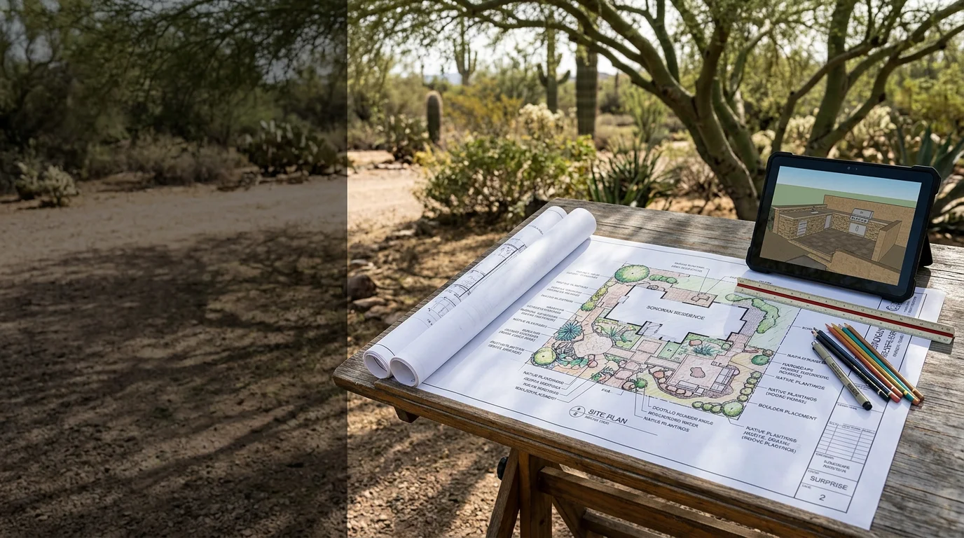 A professionally designed desert landscape in Surprise, AZ featuring structured rock placement, drought-adapted plantings, and a defined hardscape layout around a residential home. The design reflects intentional planning for shade, drainage, and curb appeal suited to the Sonoran Desert climate.