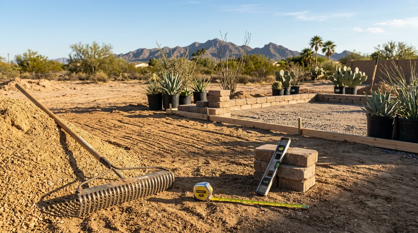A finished residential landscape design construction project in Surprise, AZ, showing desert-adapted planting, structured hardscape, and graded drainage on a single-family home lot. The outdoor space reflects a clean, functional layout suited to the West Valley desert climate.