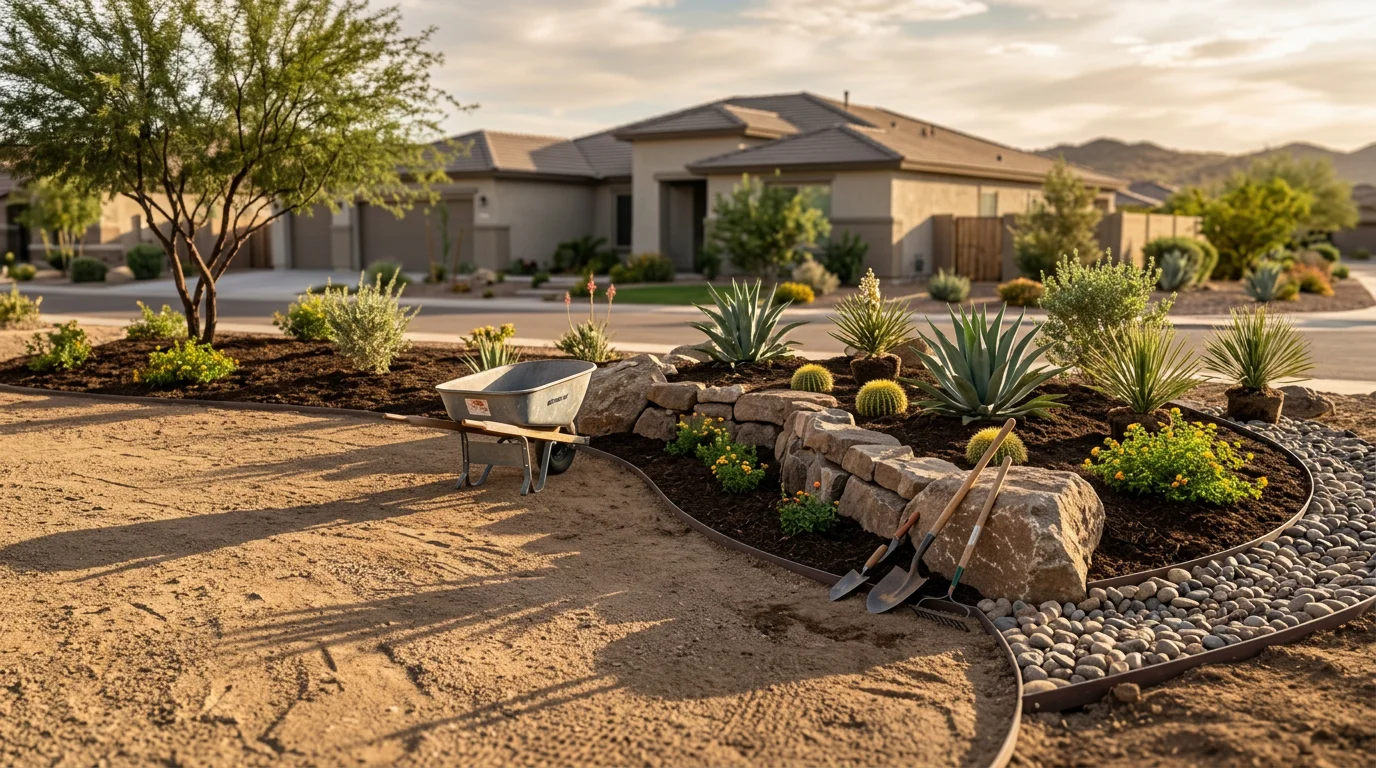 Completed desert landscape installation at a Surprise, AZ home featuring decorative rock, drought-adapted plants, and clean edging. The front yard design reflects the low-water, HOA-friendly style common in Surprise master-planned communities.