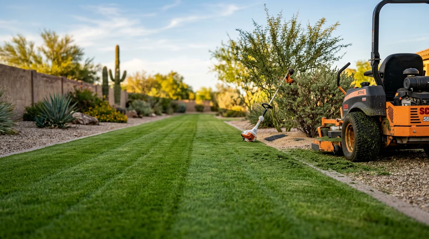 A well-maintained Bermudagrass lawn with clean edges along a residential driveway in Surprise, AZ. The yard shows even green turf against a desert landscape backdrop under clear Arizona sky.