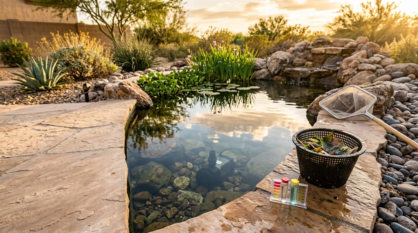 A clear, well-maintained backyard koi pond with clean rock edging and healthy aquatic plants in a Surprise, Arizona residential yard. A pond contractor inspects the skimmer and filtration system during a monthly maintenance visit.