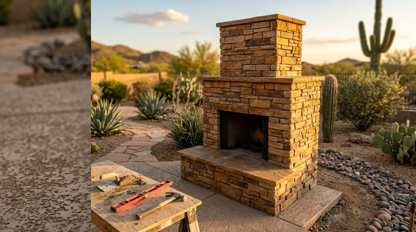 A custom masonry outdoor fireplace installed in a Surprise, AZ backyard, with a stone surround and desert landscape visible in the background. The fireplace serves as the focal point of an open patio living area under a clear Arizona evening sky.