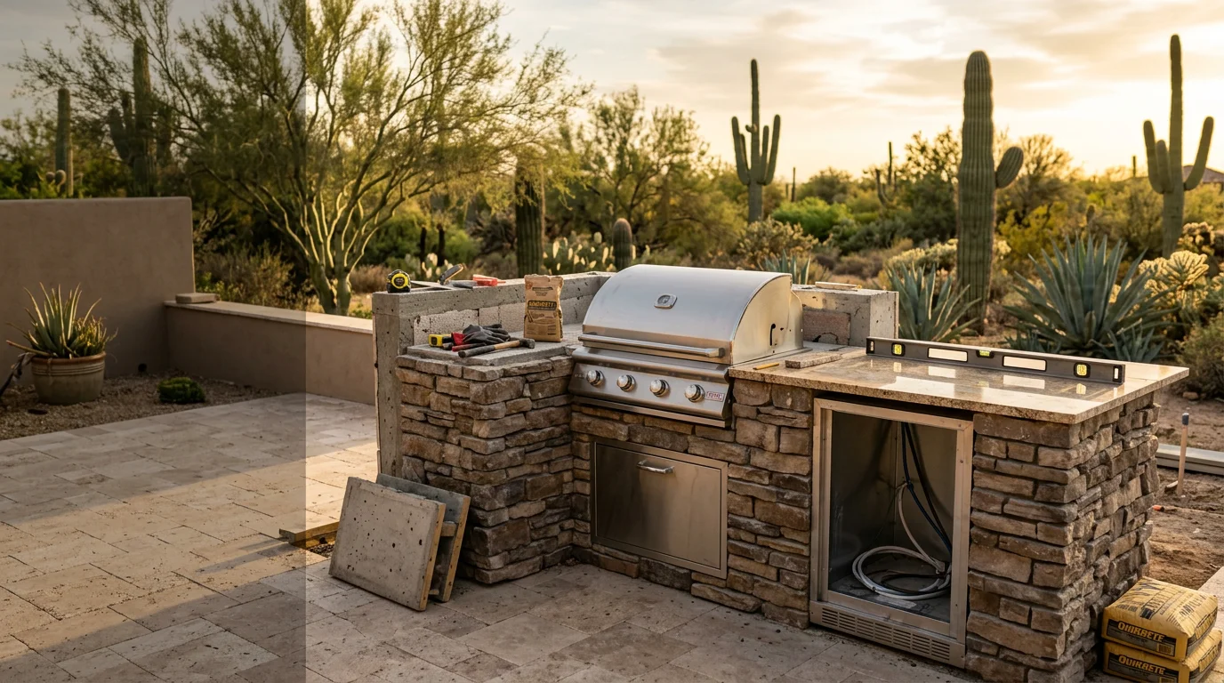 A custom outdoor kitchen installed in a Surprise, AZ backyard, featuring a built-in cooking station with stone veneer, a covered shade structure, and desert landscaping. The kitchen is oriented away from the western sun with open seating space for outdoor dining.
