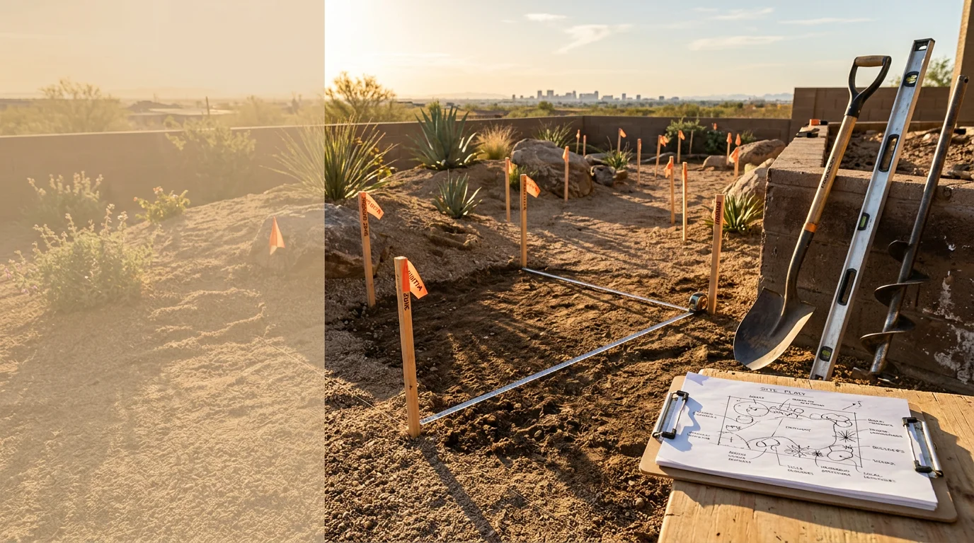 A professionally designed desert landscape in Surprise, AZ featuring structured rock placement, drought-adapted plants, and a cohesive front yard layout suited to the Sonoran Desert climate. The outdoor space reflects a personalized design approach by Elite Rock Masters.