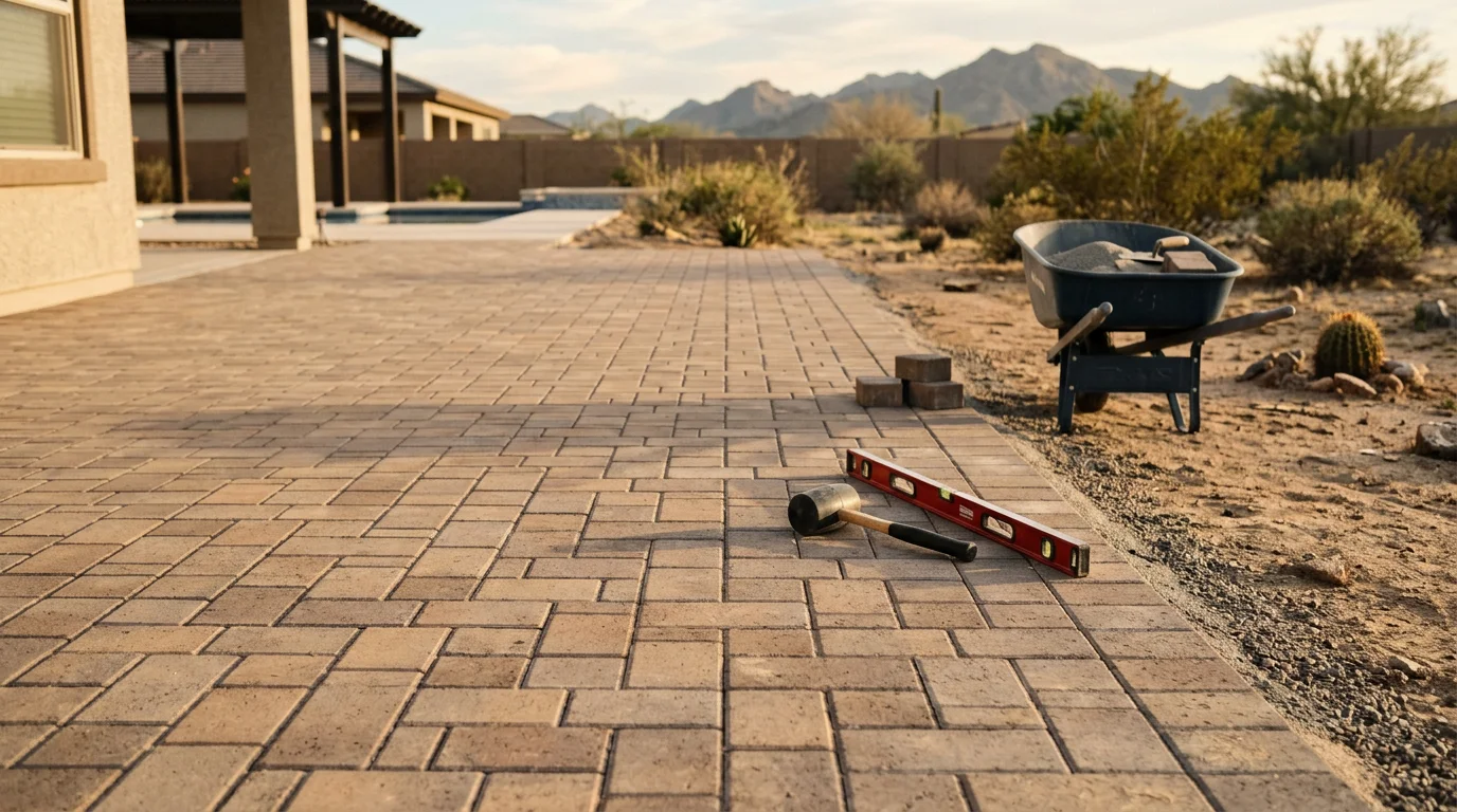 Freshly installed interlocking pavers forming a wide backyard patio in a Surprise, AZ residential property, surrounded by desert landscaping under a clear blue sky. The paver surface shows clean joint lines and a neutral tone that complements the home's exterior.