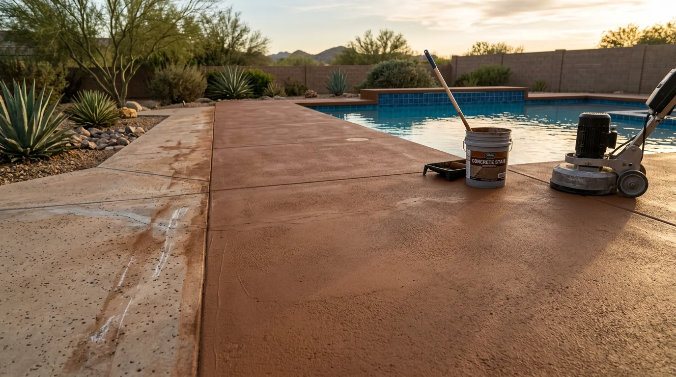 A repaired and freshly stained concrete pool deck surrounding an in-ground pool at a residential home in Surprise, AZ. The surface shows uniform color and a smooth, crack-free finish under bright Arizona sunlight.