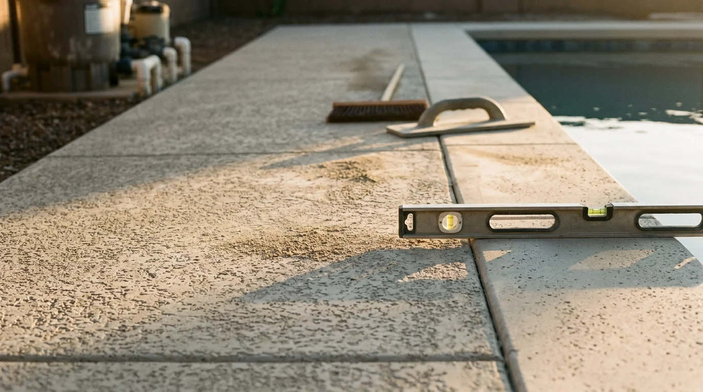 Newly installed pool deck surrounding a backyard swimming pool at a Surprise, Arizona home, featuring a textured surface finish suited for the desert climate. The deck extends along all four sides of the pool with clean edges and a smooth transition to the surrounding yard.