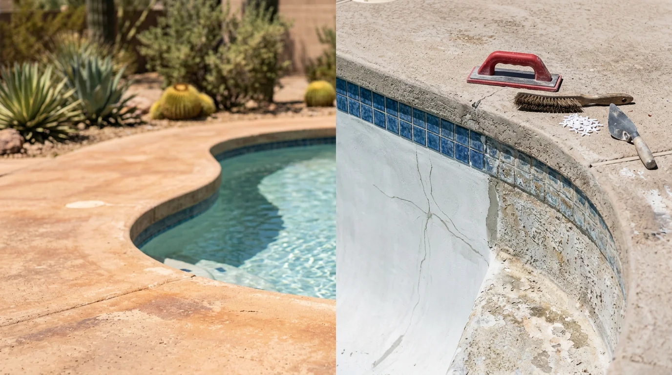 A refurbished residential swimming pool in Surprise, AZ showing freshly restored plaster and replaced waterline tile in a desert backyard setting. The pool surface is smooth and clean against a backdrop typical of Maricopa County homes.