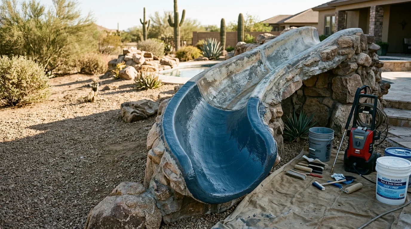 A resurfaced rock water feature slide beside a backyard pond in Surprise, Arizona, showing a smooth, clean surface finish against a desert landscape setting. The slide connects to a natural-style rock formation with clear water flowing at the base.