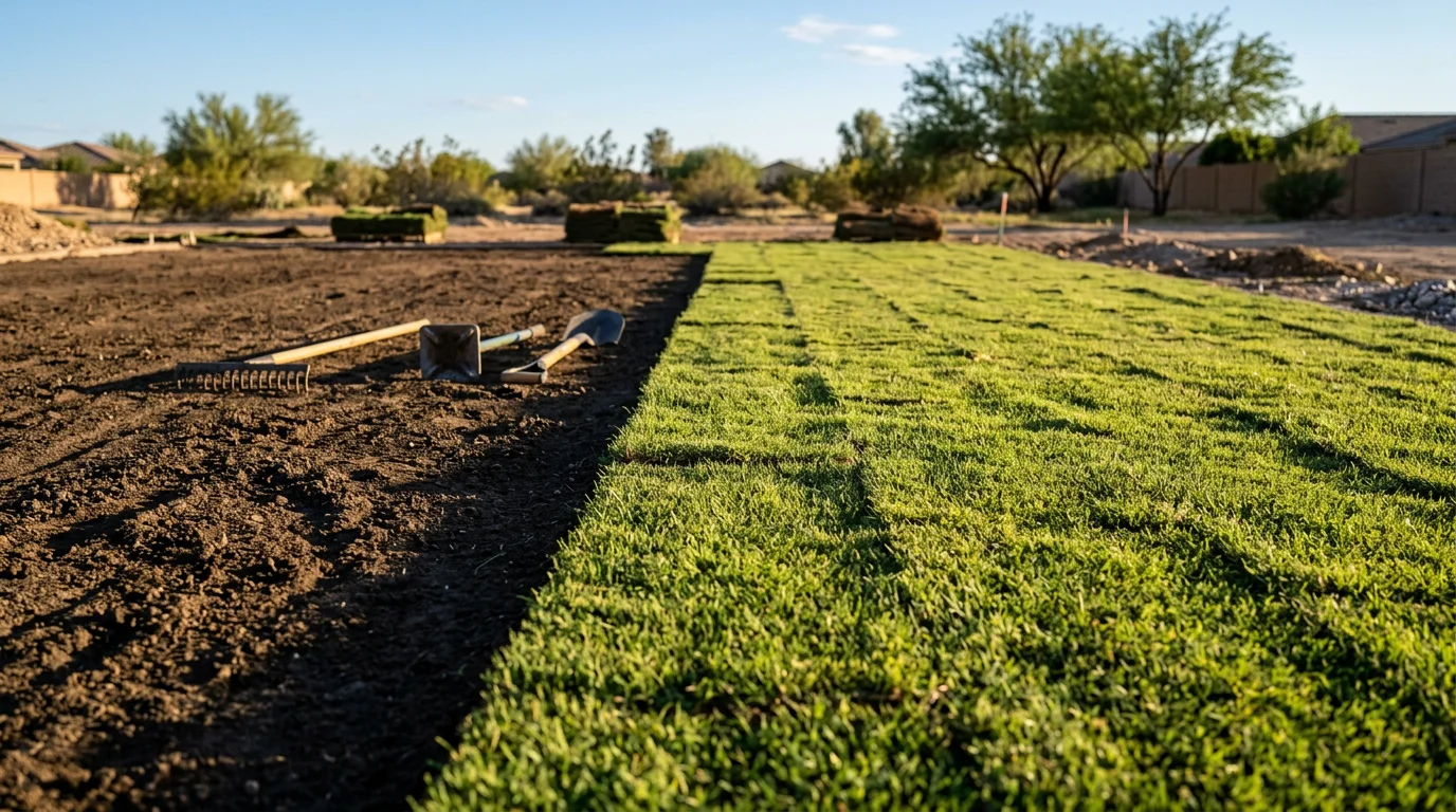 Freshly installed green sod covering a residential backyard in Surprise, AZ, with clean edges along a concrete patio border. Neatly laid sod rolls show tight seams and an even surface ready for foot traffic.