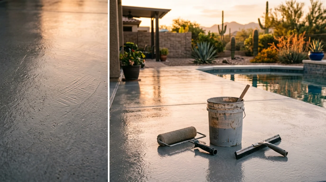 A freshly coated garage floor inside a Surprise, AZ home showing a smooth, high-gloss decorative finish with flake texture. The sealed concrete surface reflects overhead lighting and shows no cracking, dusting, or staining.